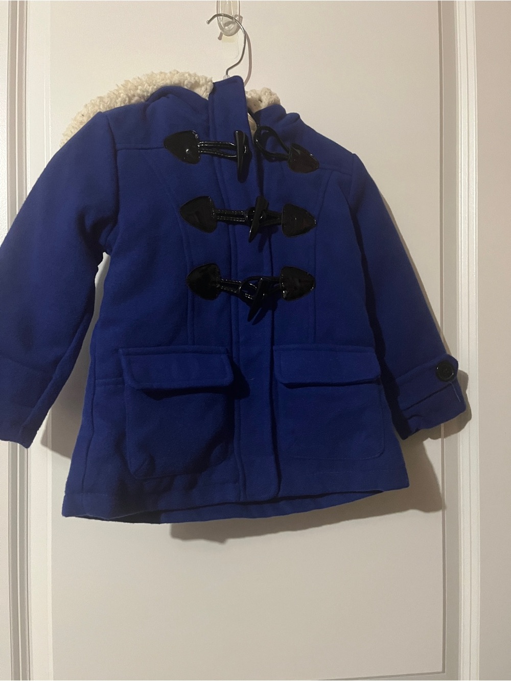 Pink Platinum Royal Blue Toggle Pea Coat with Sherpa Hood